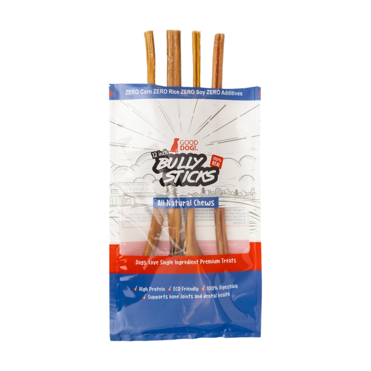 All-Natural Beef Bully Stick Dog Treats – Nutrient-Rich, and High-Protein – 12-Inch Standard (4-Pack)