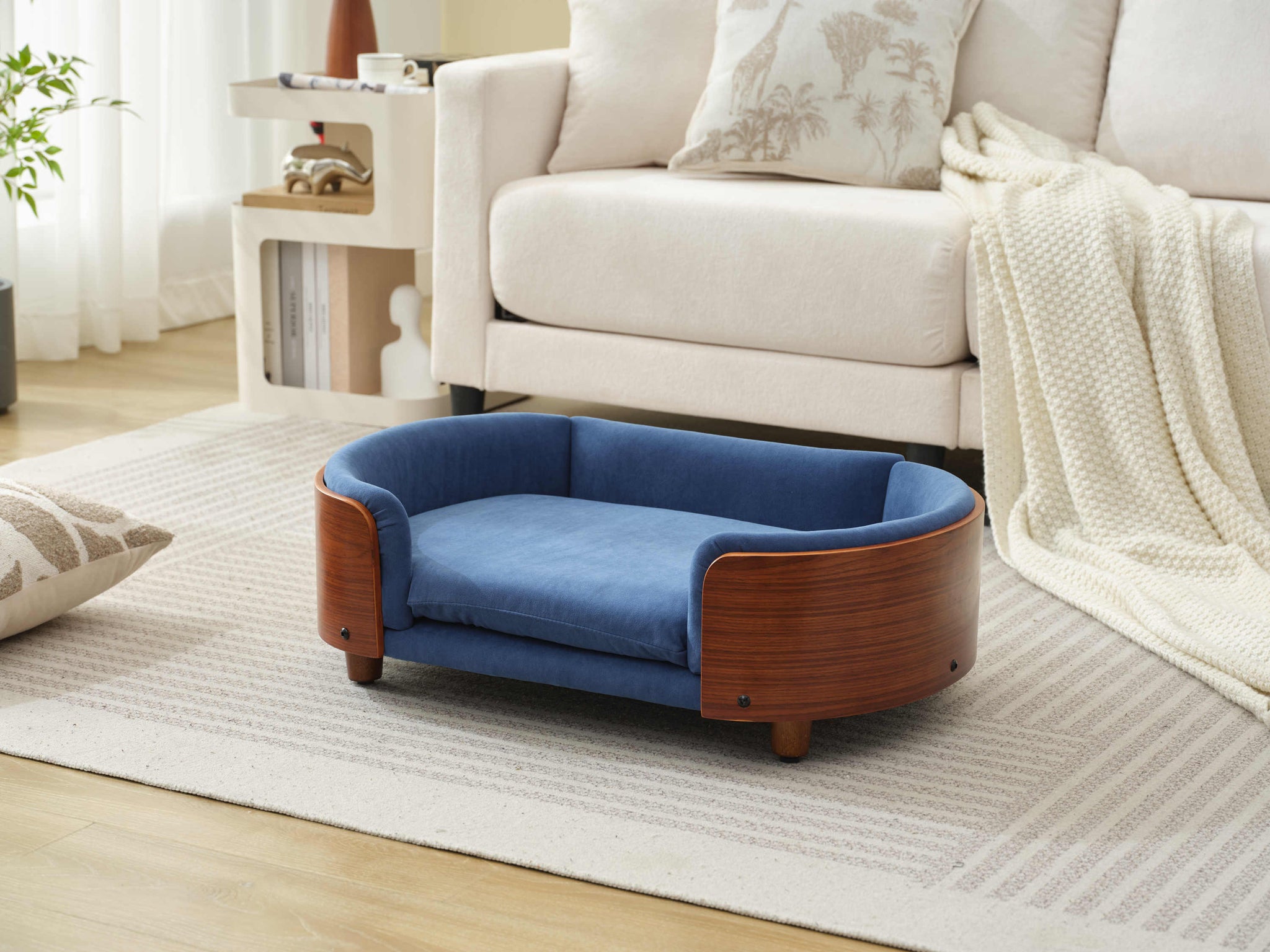 Scandinavian Style Elevated Dog Bed Pet Sofa Velvet Dark Blue Small Size