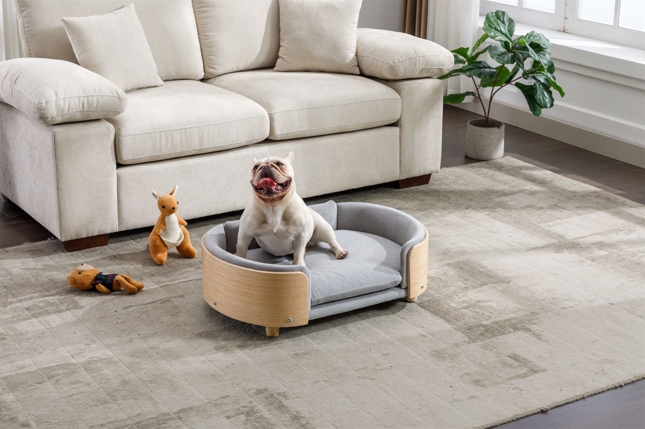 Scandinavian Style Elevated Dog Bed Pet Sofa Velvet Cushion Mid Size Light Grey