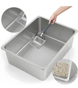 Open Box Kirecoo Stainless Steel Cat Litter Box XL- Metal High Sided Cat Pan, Large Stainless Steel Box, Indoor Litter Tray, Non Stick, No Smell, Easy