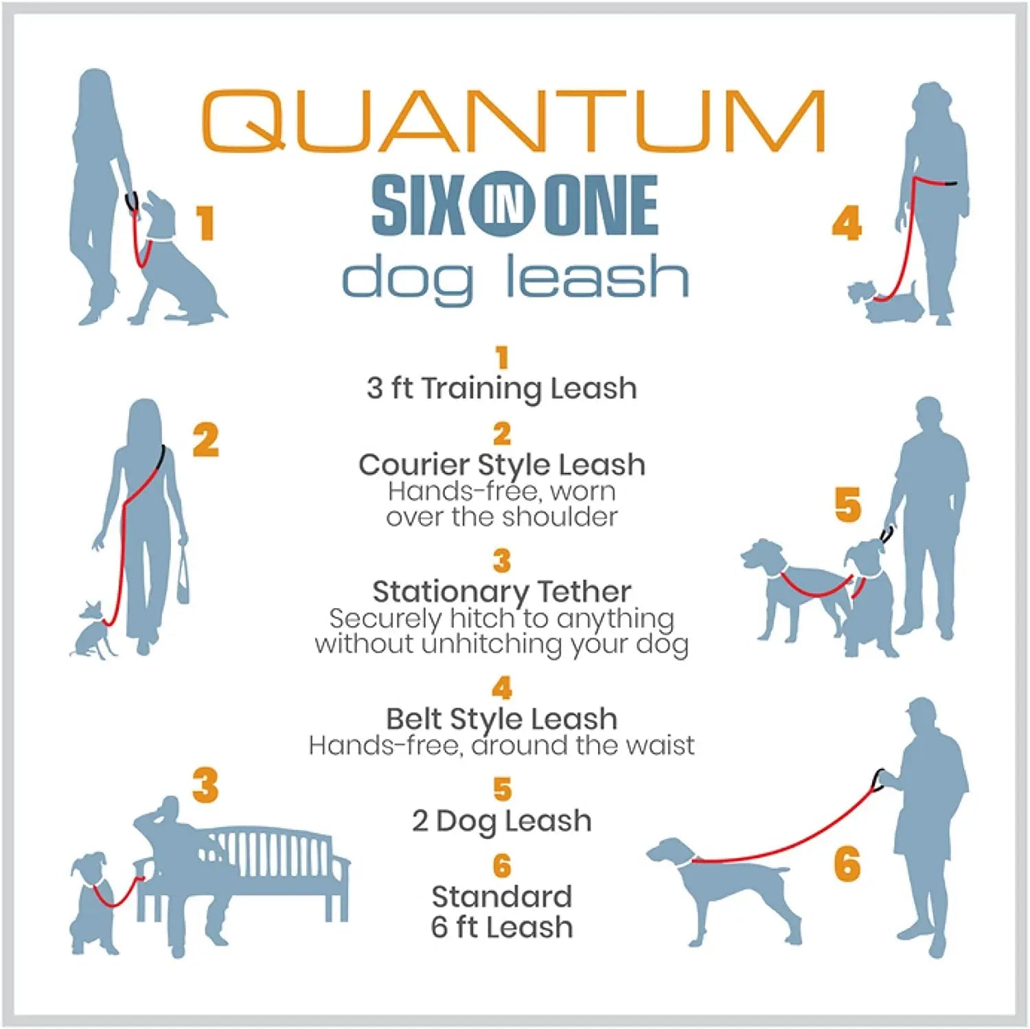 6 in 1 Hands Free Dog Leash | Reflective Running Belt Leash for Dogs | Crossbody & Waist Belt Leash | Carabiner Clip | Padded Handle for Training, Hiking or Jogging | Quantum Leash | 6 Colors