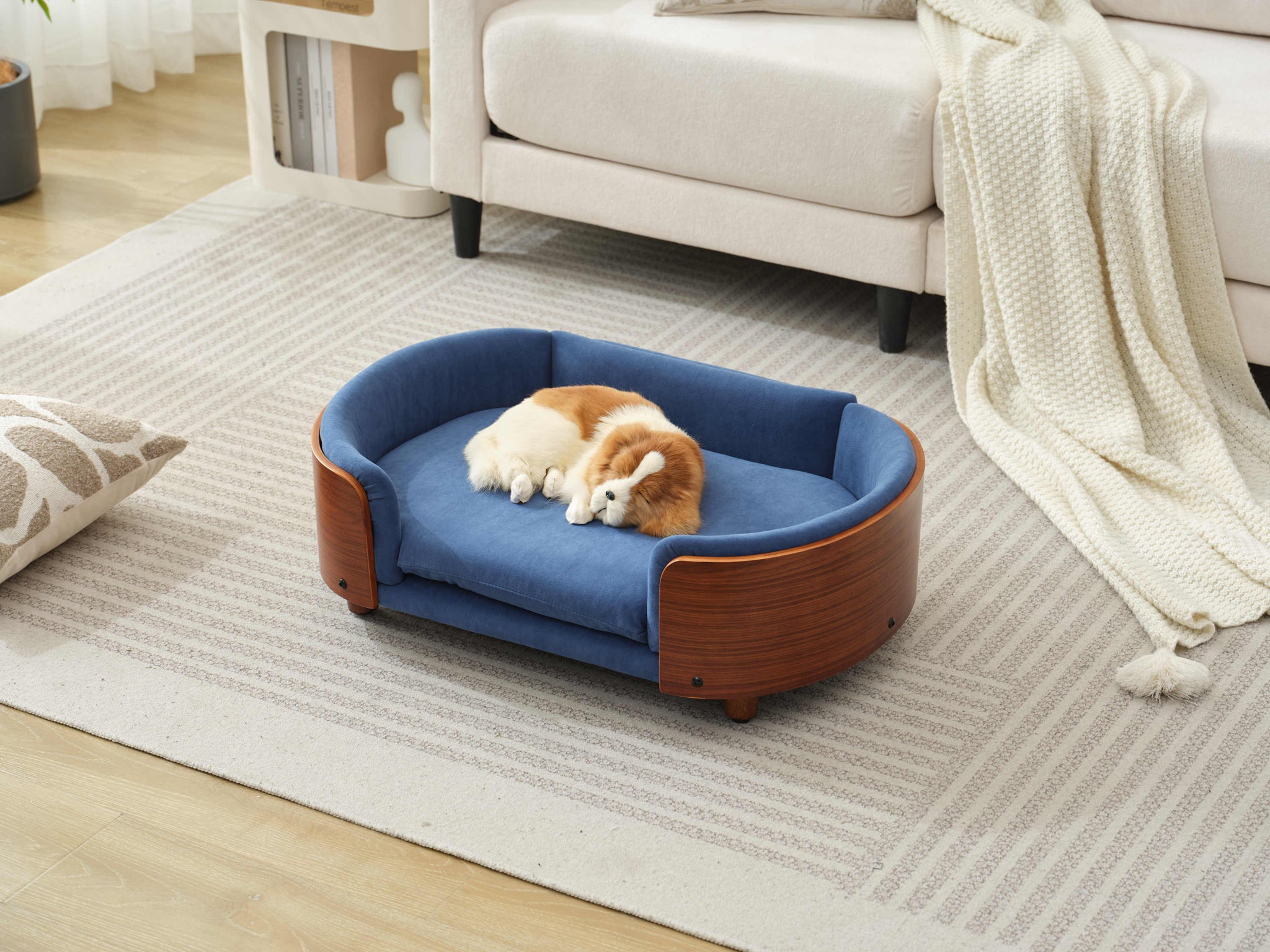 Scandinavian Style Elevated Dog Bed Pet Sofa Velvet Dark Blue Small Size