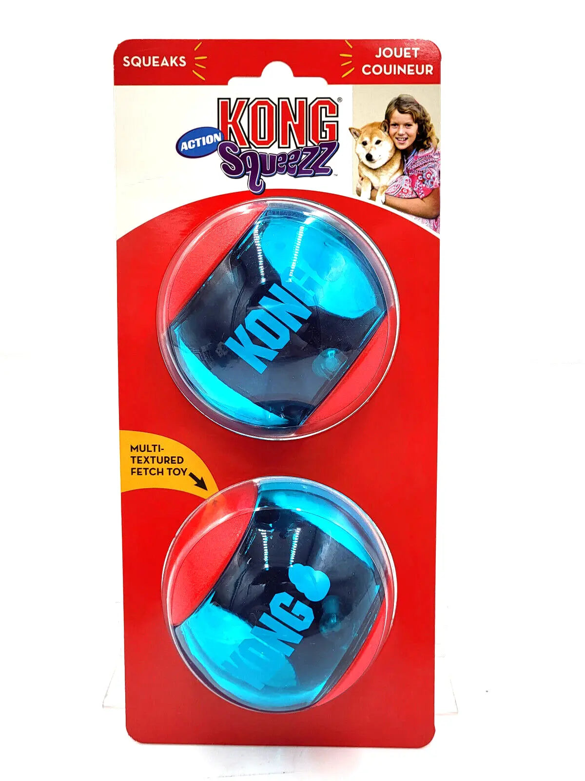 KONG Squeezz Action Ball Red 2 Count Large Squeaky Dog Fetch Toy 3"
