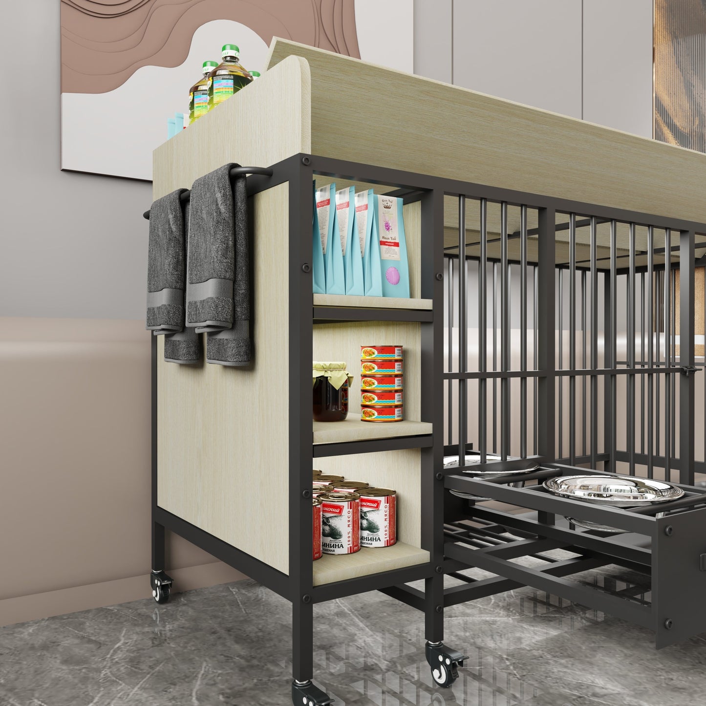 Large Pet Cage with Storage Rack Black and Beige