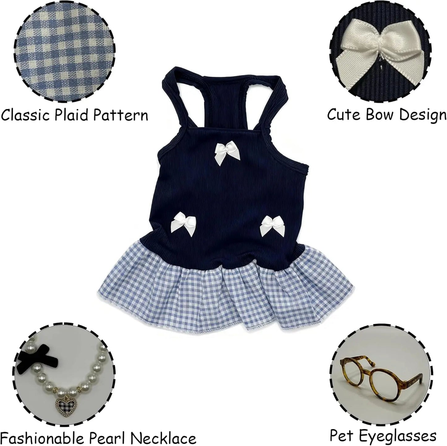 Blue Plaid Small Dog or Cat Dress w/ Glasses & Pearl Necklace Small Dogs