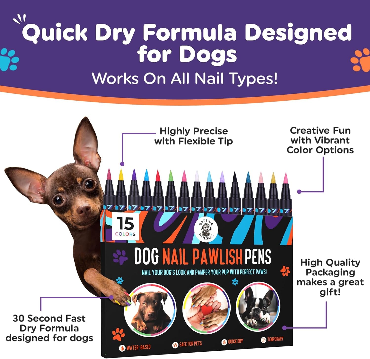 Dog Nail Polish Pens 15 Colors Quick Dry Pet Safe Cats Dogs