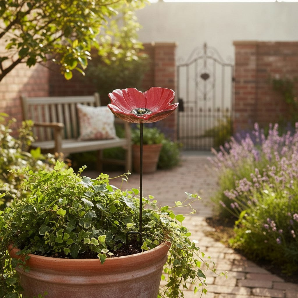 Poppy Bird Feeder and Bath, Red Cast Iron Garden Stake Outdoor Decor