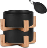 Modern Ceramic Cat & Dog Bowl Set with Wood Stand, Non-Slip, Set of 2