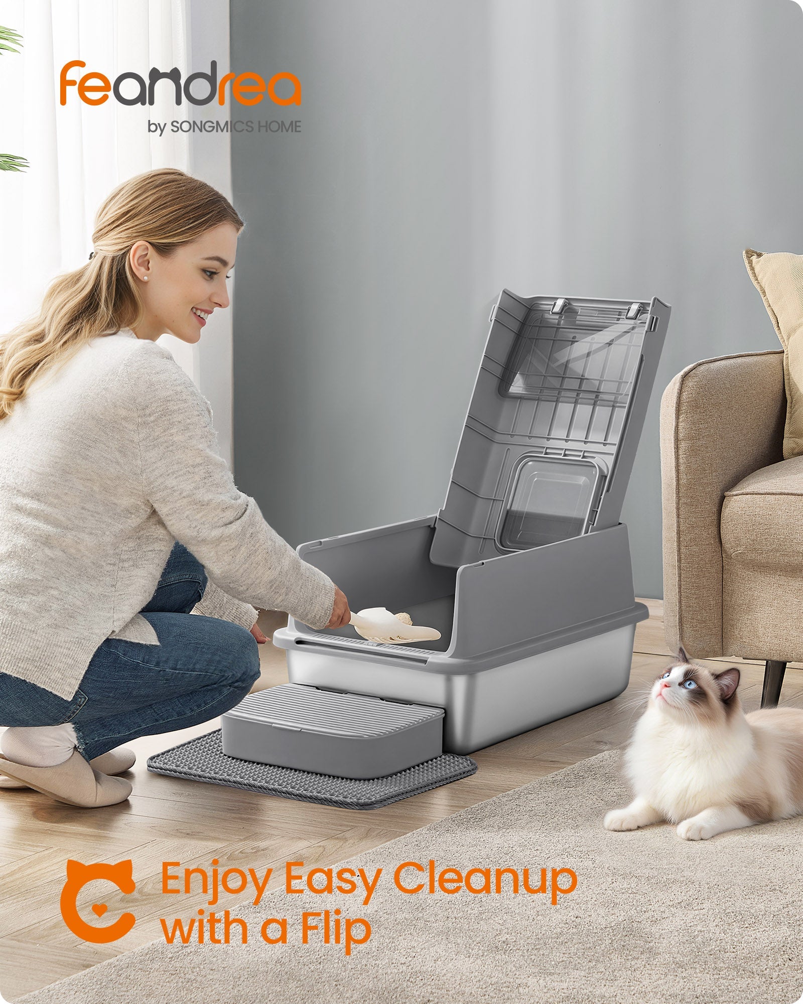 Feandrea Stainless Steel Cat Litter Box with Flip Lid