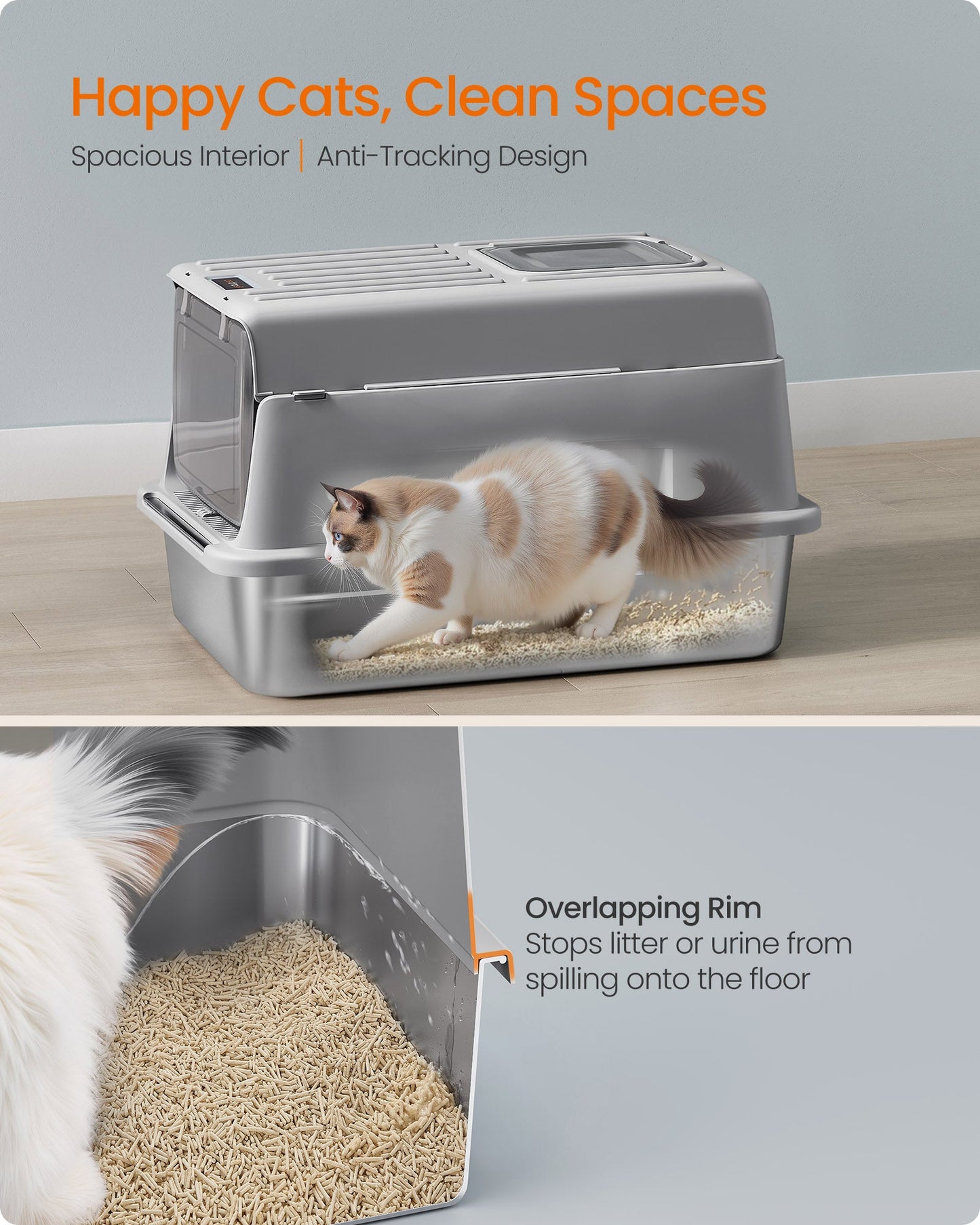Feandrea Stainless Steel Cat Litter Box with Flip Lid
