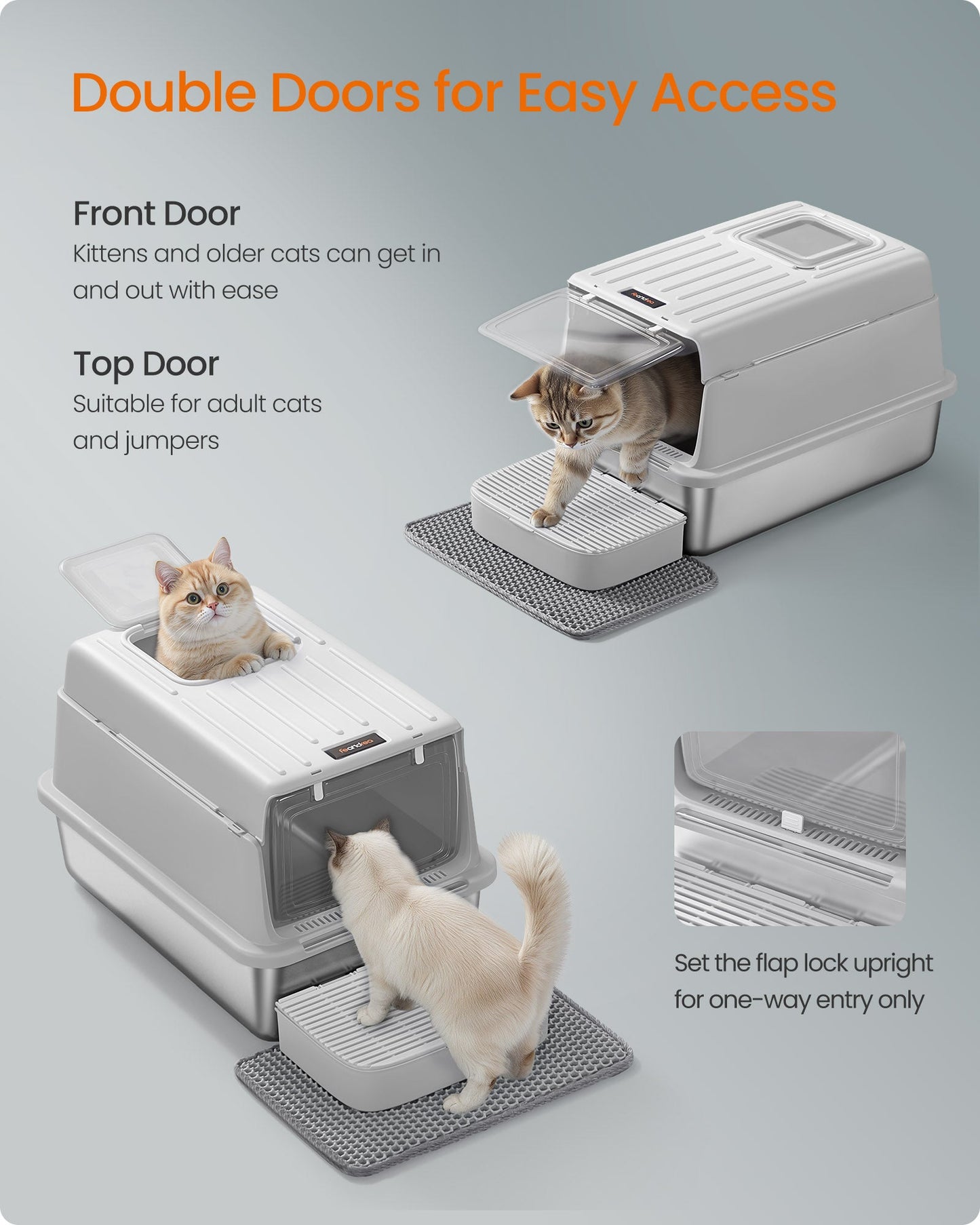 Feandrea Stainless Steel Cat Litter Box with Flip Lid