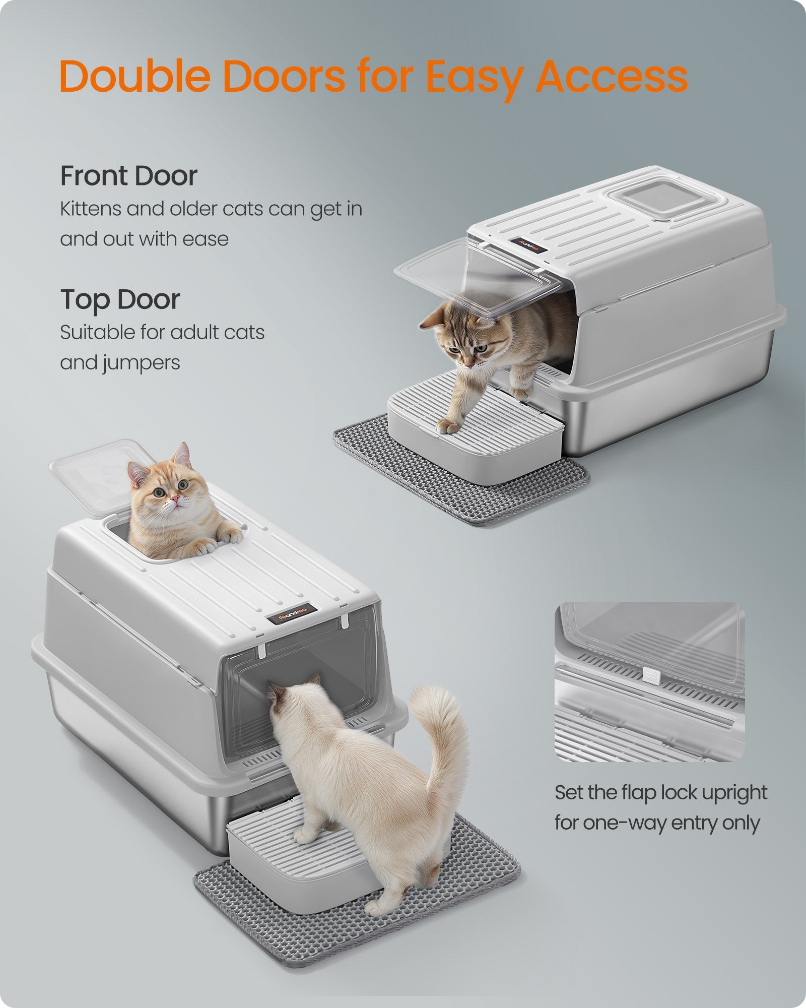 Feandrea Stainless Steel Cat Litter Box with Flip Lid