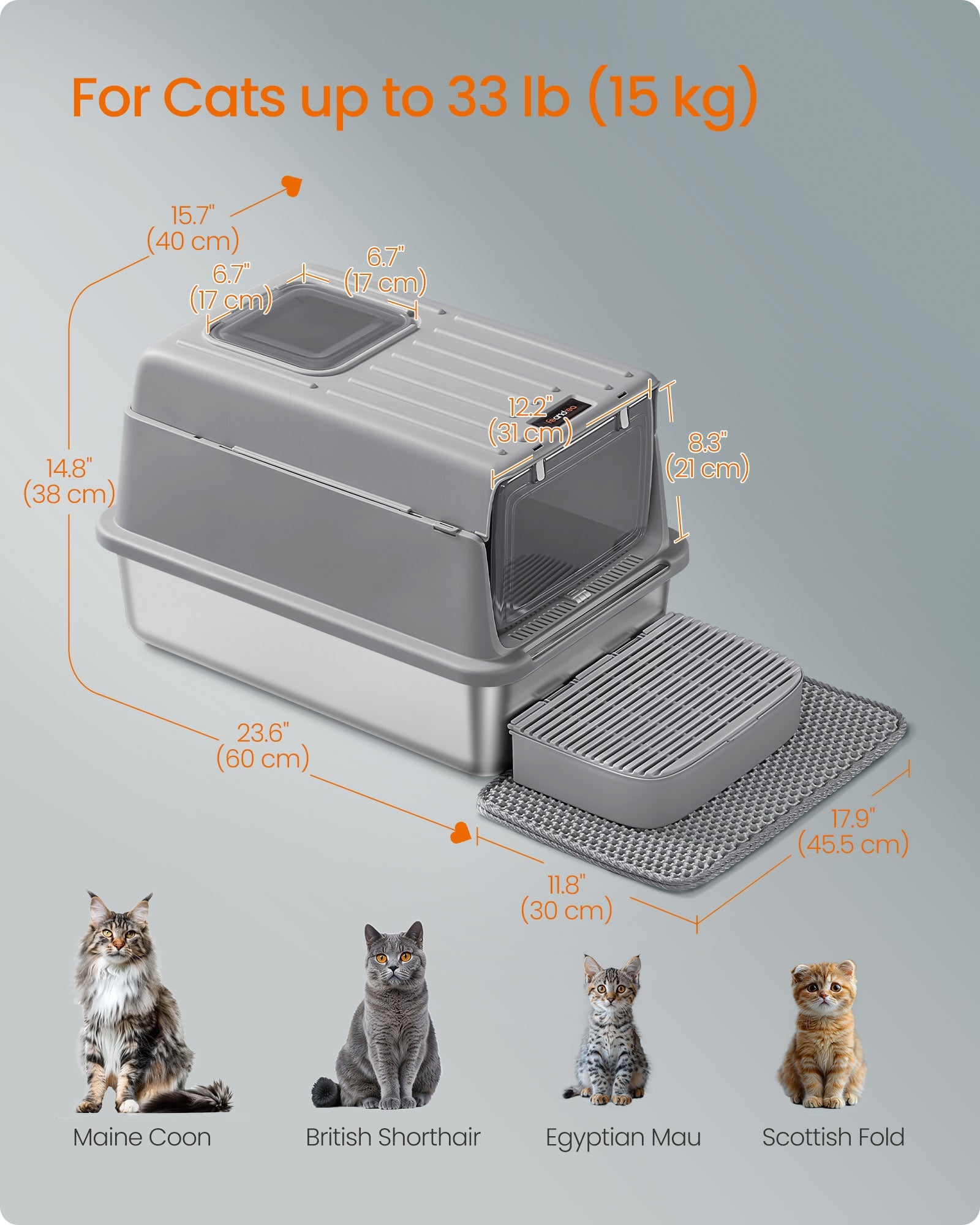 Feandrea Stainless Steel Cat Litter Box with Flip Lid