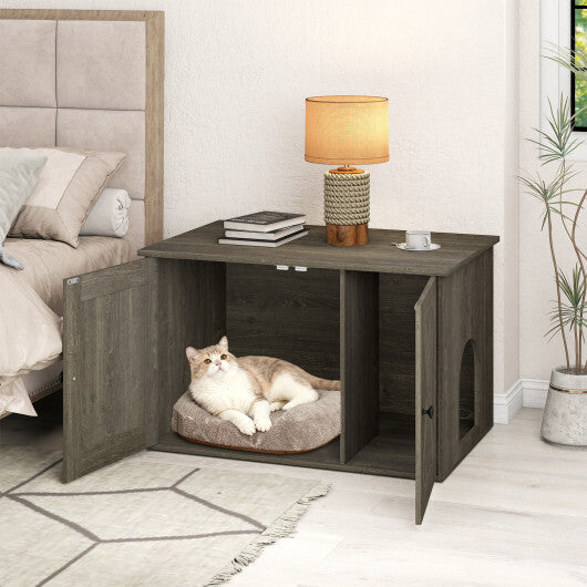Hidden Cat Litter Box Enclosure Furniture with Divider-Oak