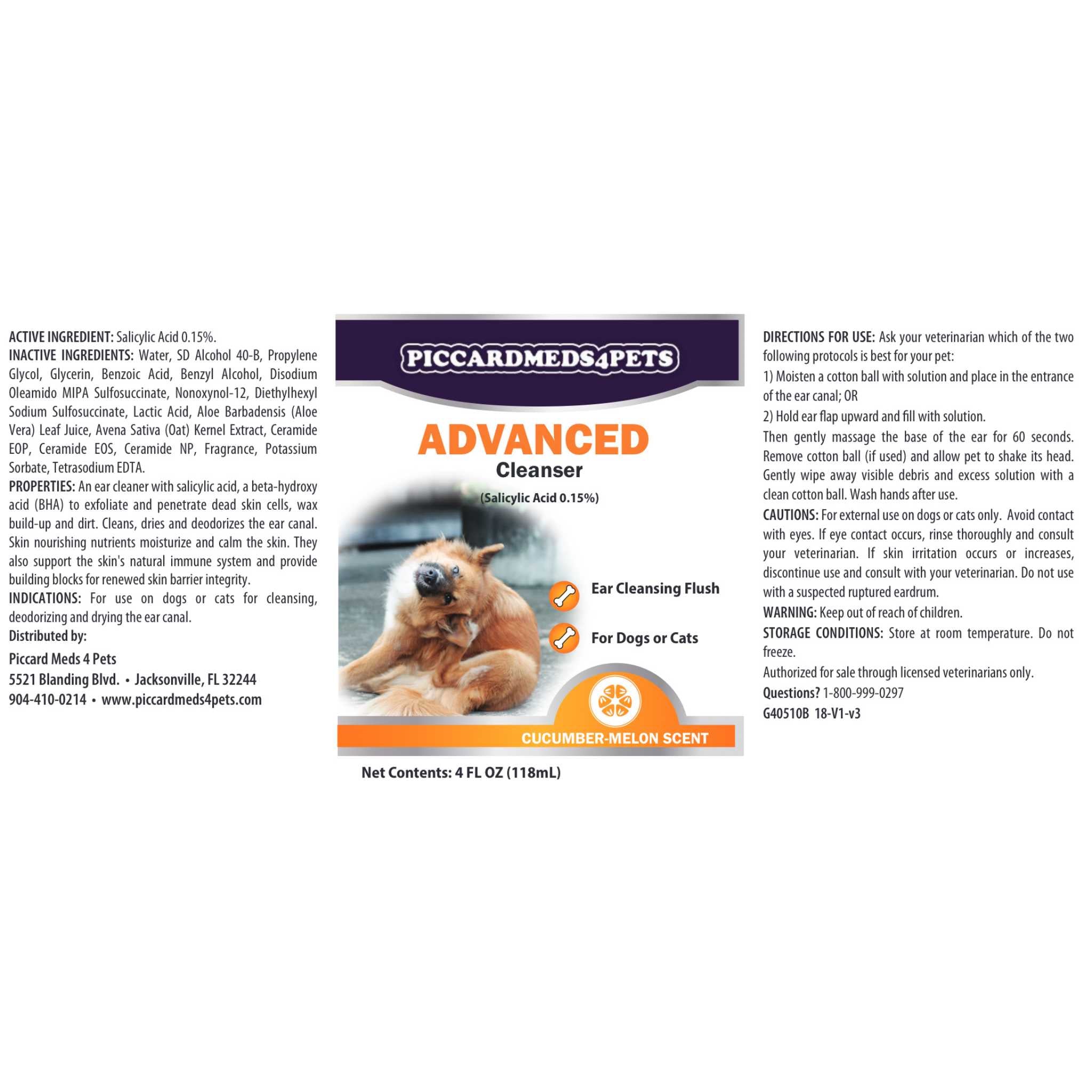 Piccardmeds4pets Advanced Ear Cleansing Solution 4oz Salicylic Acid Aloe Dogs Cats + FREE Bandana!