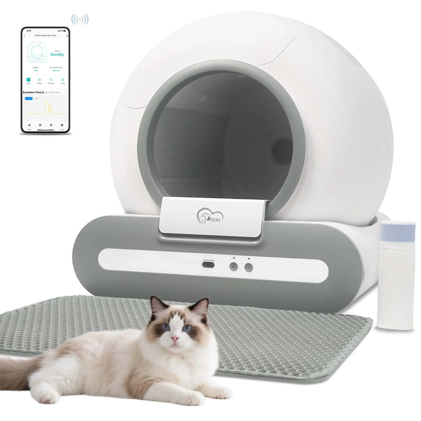 DOEL 65L Self-Cleaning Cat Litter Box App Control – ONLY Supports 2.4G WiFi w/ Litter Mat & Trash Bags