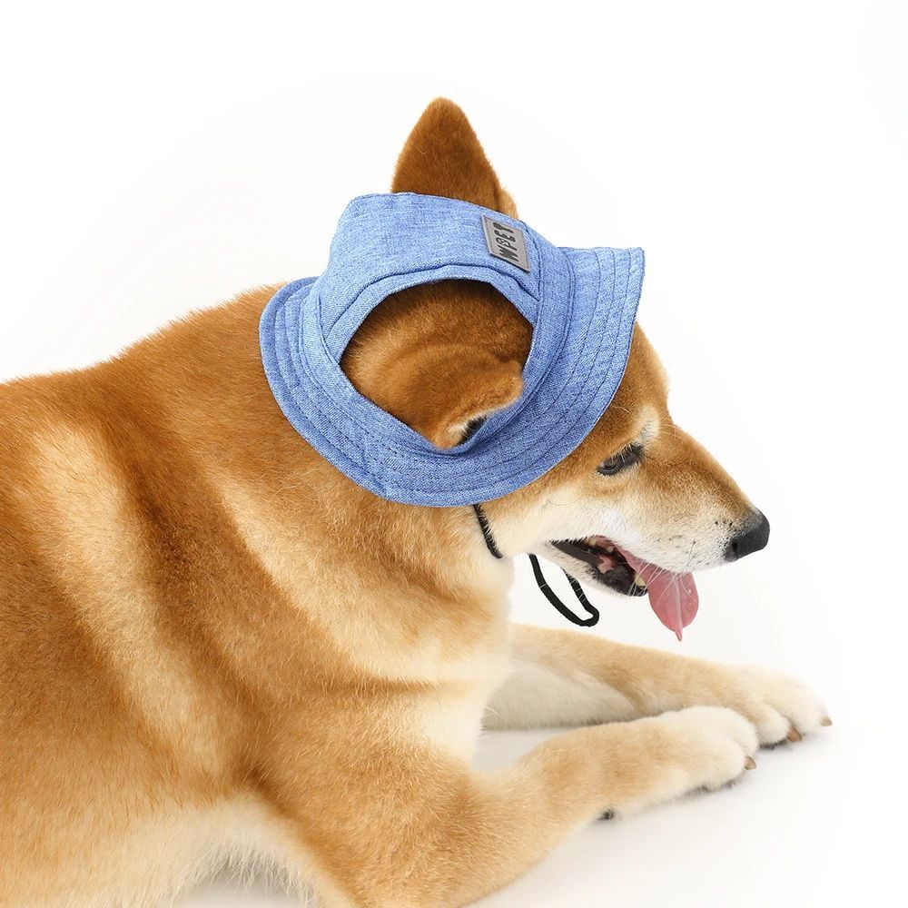 Pet Hat With Ear Holes For Medium Small Dogs Adjustable Summer Pets Dog Outdoor Sun Cap Cat Puppy Denim Color Canvas Visor Caps