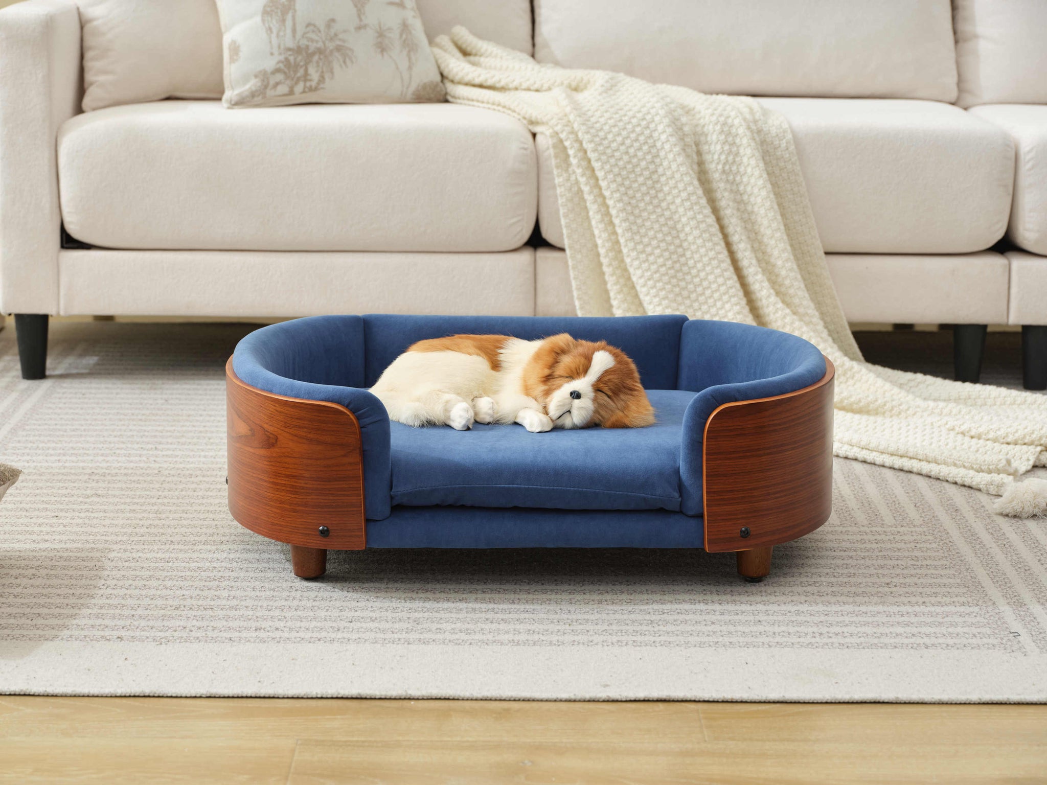 Scandinavian Style Elevated Dog Bed Pet Sofa Velvet Dark Blue Small Size