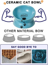 Elevated Cat Food Bowl, Ceramic Raised Cat Bowl, Tilt Angle Protect Cat'S Spine, anti Vomiting Cat Dish, Backflow Prevention, Lake Blue