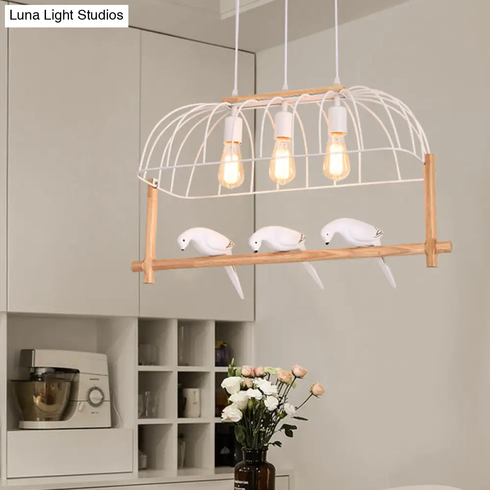 DecorBites™ Nordic Style 3-Light Island Pendant with Elongated White Iron Cage and Bird Stand