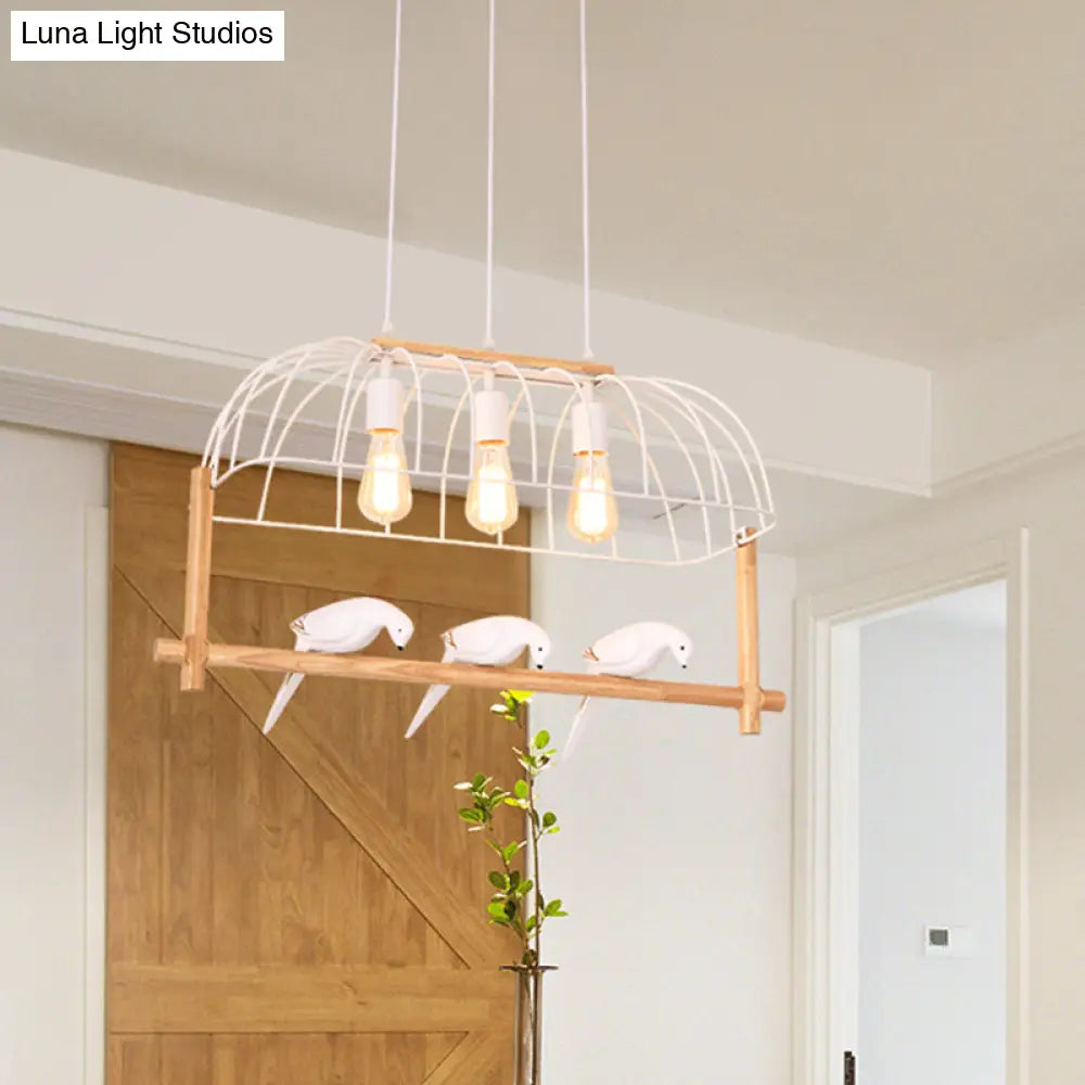 DecorBites™ Nordic Style 3-Light Island Pendant with Elongated White Iron Cage and Bird Stand