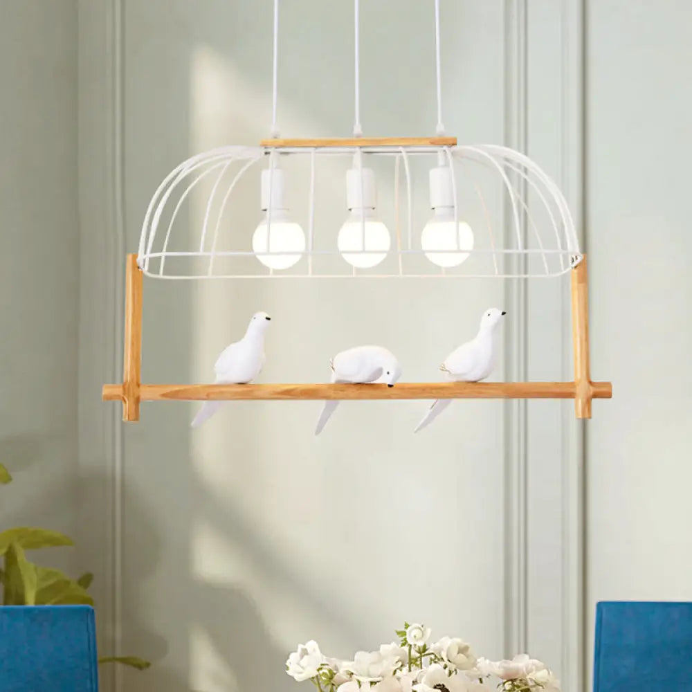 DecorBites™ Nordic Style 3-Light Island Pendant with Elongated White Iron Cage and Bird Stand